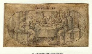 Christus sitzt lehrend mit fünf Männern an einer runden Gasttafel