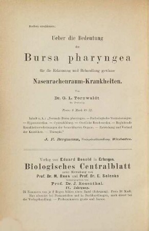 Jahres-Bericht über die Fortschritte der Tier-Chemie oder der physiologischen, pathologischen und Immuno-Chemie und der Pharmakologie. 14. 1884 (1885)