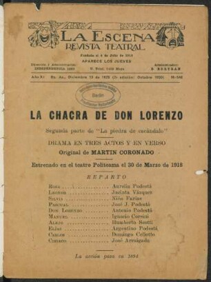 La chacra de don Lorenzo : segunda parte de "La piedra de escándalo" ; drama en tres actos y en verso