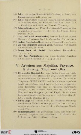 V. Arbeiten aus Majolika, Fayence, Steinzeug, Thon und Glas (Nr. 178-309)