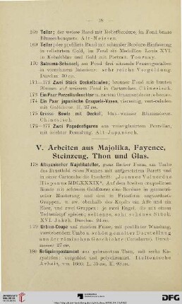 V. Arbeiten aus Majolika, Fayence, Steinzeug, Thon und Glas (Nr. 178-309)