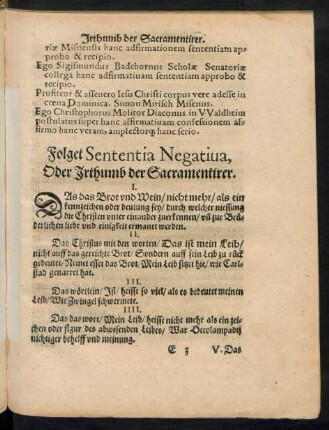 Folget Sententia Negativa, Oder Irthumb der Sacramentirer.