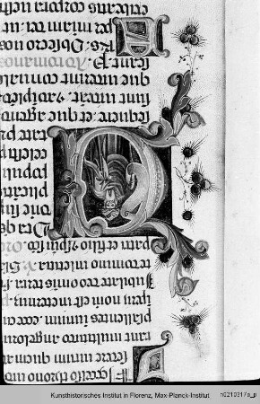 Missale Romanum : Textseite mit historisierter Initiale O(?): Prophet? und ornamentierter Initiale A