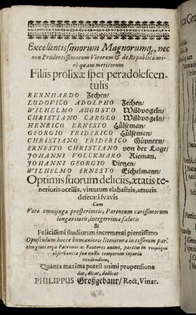 Filiis prolixæ spei peradolescentulis Bernahrdo Zechen, Ludovico Adolpho Zechen, Wilhelmo Augusto Wildvogeln, Christiano Carolo Wildvogeln, [...]