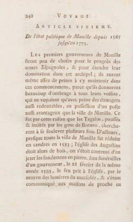 Article sixieme. De l'état politique de Manille depuis 1565 jusqu'en 1775