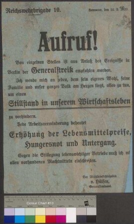 Aufruf der Reichswehrbrigade 10 zur Vermeidung eines Generalstreiks und Aufrechterhaltung der Arbeit