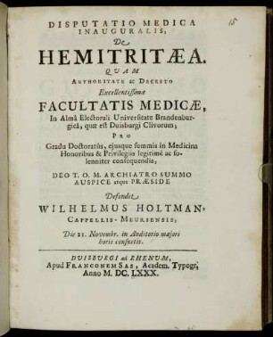 Disputatio Medica Inauguralis, De Hemitritaea