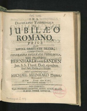 Disputatio Theologica De Iubilaeo Romano, Prior