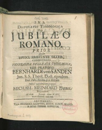 Disputatio Theologica De Iubilaeo Romano, Prior