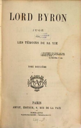 Lord Byron : jugé par les témoins de sa vie, 2