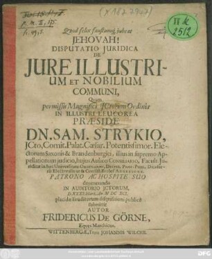 Disputatio Iuridica De Iure Illustrium Et Nobilium Communi