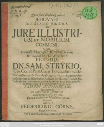 Disputatio Iuridica De Iure Illustrium Et Nobilium Communi