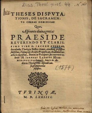 III. Theses Dispvtationis [Disputationes], De Sacramento Coenae Dominicae