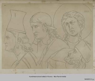 Köpfe zweier Ärzte, eines Engels und des Johannes von Ilerda aus dem Giotto-Zyklus von Assisi (Szene XXVI)