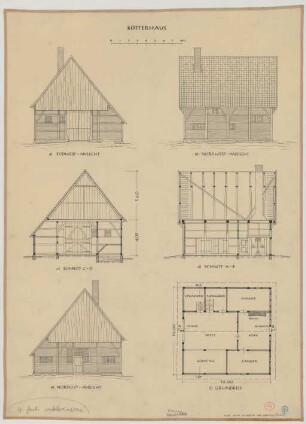 Varlar bei Osterwick (Kreis Coesfeld): Haus Tenty. Kötterhaus (Grundriss, Nordostansicht, Nordwestansicht, Südwestansicht, Schnitte)