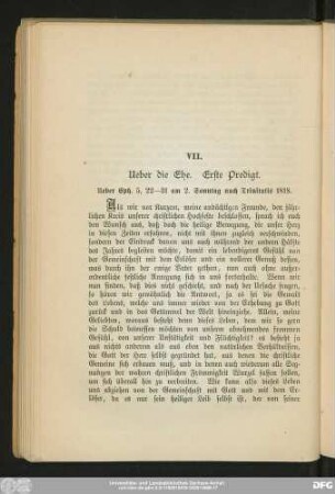 VII. Ueber die Ehe. Erste Predigt.