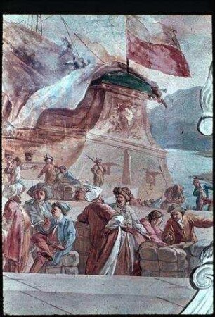 Zwei Gelehrte mit der Personifikation der Weisheit vor einer Hafenszene: "Melior est aquisitio scientiae negotiatione argenti" (Sprüche, 3:14)