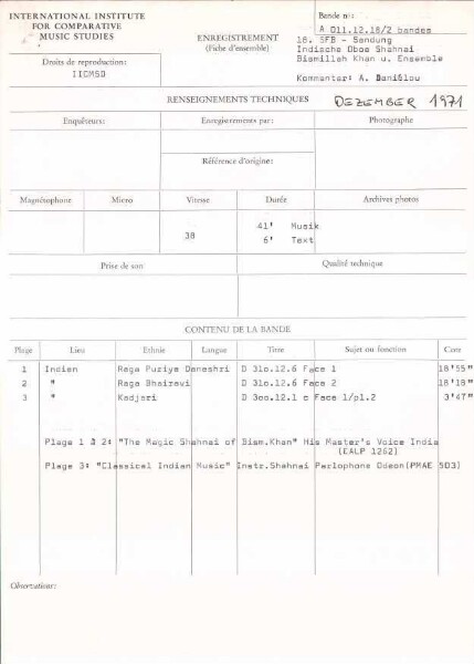 18th SFB programme Indian oboe Shahnai Bismillah Khan and ensemble, (commentary: Alain Daniélou)