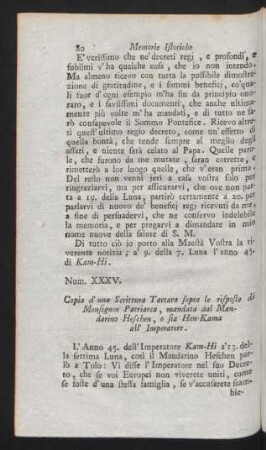 Num. XXXV. Copia d' una Scrittura Tartara sopra le risposte di Monsignor Patriarca, mandata dal Mandarino Heschen, o sia Hen-Kama all' Imperatore