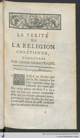 La Verité De La Religion Chrétienne, Démontree Par Ordre Geometrique.