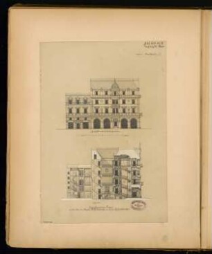 Städtisches Wohnhaus Monatskonkurrenz Juli 1879: Aufriss Seitenansicht, Längsschnitt; Maßstabsleiste