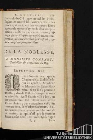 De La Noblesse, A Monsievr Conrart, Conseiller & Secretaire du Roy. Entretien XLI.