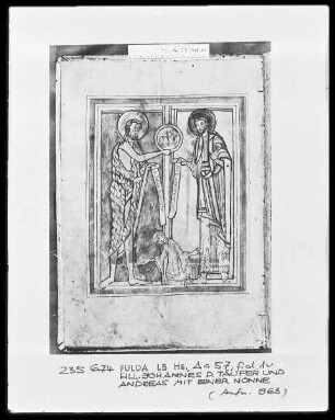 Hymnar und Psalter — Psalterium cum Canticis — Johannes der Täufer und Sankt Andreas mit einer Nonne, Folio 1verso