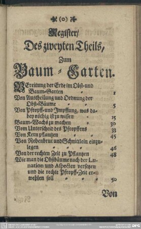 Register, Des zweyten Theils, Zum Baum-Garten