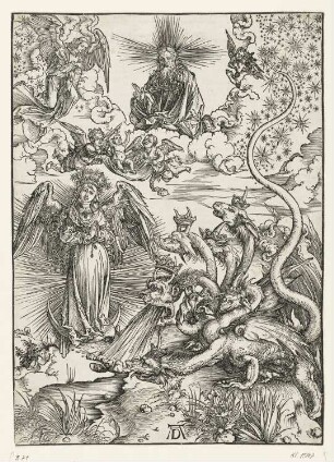 Sonnenfrau und der siebenköpfige Drache, Blatt 9 aus: Albrecht Dürer, Die heimlich offenbarung iohannis, Nürnberg 1498