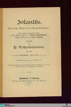 Jolanthe : Lyrische Oper in 1 Aufzuge