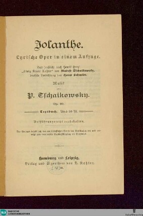 Jolanthe : Lyrische Oper in 1 Aufzuge