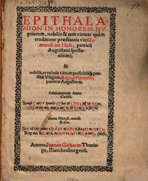 Epithalamion in honorem nuptiarum ... Remundi im Hofe, Patritii Aug.