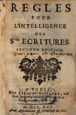 Regles Pour L'Intelligence Des Stes Ecritures