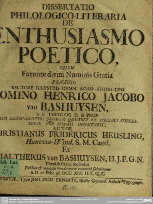 Dissertatio Philologico-Literaria De Enthusiasmo Poetico