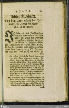 Achter Abschnitt. Von dem Unvermögen der Vernunft, die Herzen der Menschen zu befriedigen
