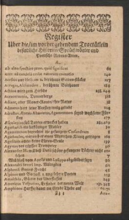 Register Uber die/ im vorher gehendem Tractätlein befindliche Historien/ Sprüchwörter und Poetische Redens-Arten.