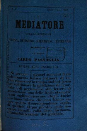 Il Mediatore : giornale settimanale politico, religioso, scientifico, letterario. 2,[2]. 1863
