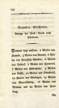 Neunter Abschnitt. Anzeige der Reise-Route nach Pyrmont.