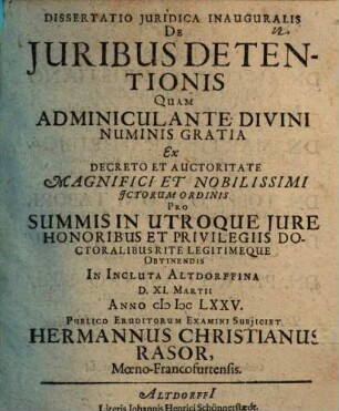 Dissertatio juridica inauguralis de juribus detentionis