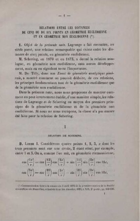 RELATIONS ENTRE LES DISTANCES DE CINQ OU DE SIX POINTS E.N GÉOMÉTRIE EUCLIDIENNE ET EN GÉOMÉTRIE NON EUCLIDIENNE.
