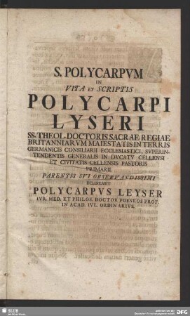 S. Polycarpum In Vita Et Scriptis Polycarpi Lyseri ...