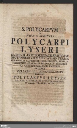 S. Polycarpum In Vita Et Scriptis Polycarpi Lyseri ...