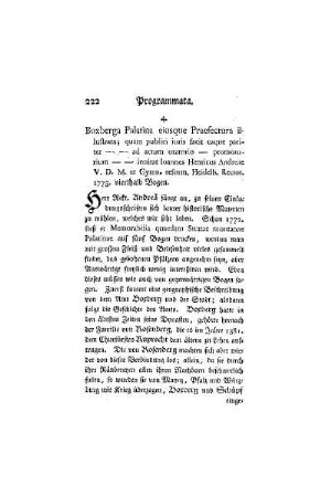 Boxberga Palatina eiusque Praefectura illustrata; quam publici iuris facit eaque pariter - - ad actum oratorio - promotorium - - inuitat ioannes Henricus Andreae V. D. M. et Gymn. reform. Heidelb. Rector. 1773. vierthalb Bogen