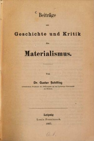 Beiträge zur Geschichte und Kritik des Materialismus