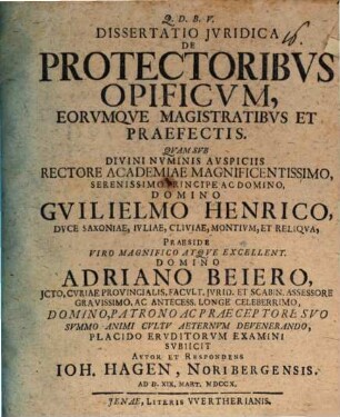 Diss. iur. de protectoribus opificum eorumque magistratibus et praefectis
