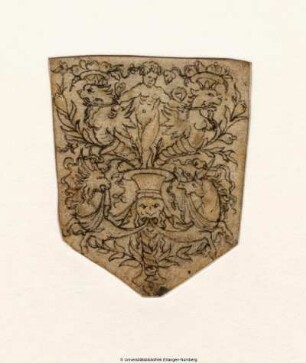 Ornamentfüllung mit einem als Konsole gestalteten Maskaron und vier phantastischen Tieren, deren oberes Paar von einem Putto gezügelt wird