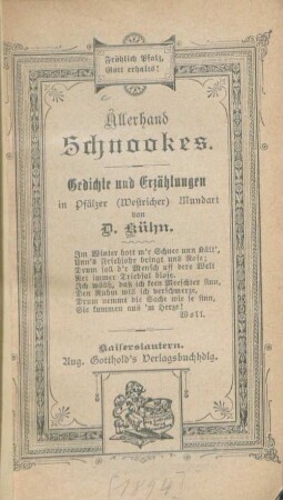 Allerhand Schnookes : Gedichte und Erzählungen in Pfälzer (Westricher) Mundart