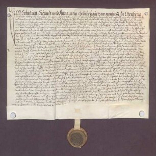 Sebastian Schmidt, Einwohner zu Odenheim, und seine Ehefrau Anna verschreiben dem Ritterstift Bruchsal eine jährliche Gült von 2 Gulden aus 40 Gulden Kapital.
