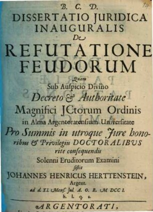Diss. iur. inaug. de refutatione feudorum