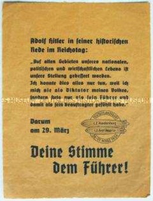 Handzettel mit einem Zitat von Hitler und dem Aufruf zur "Reichstagswahl" am 29. März 1936